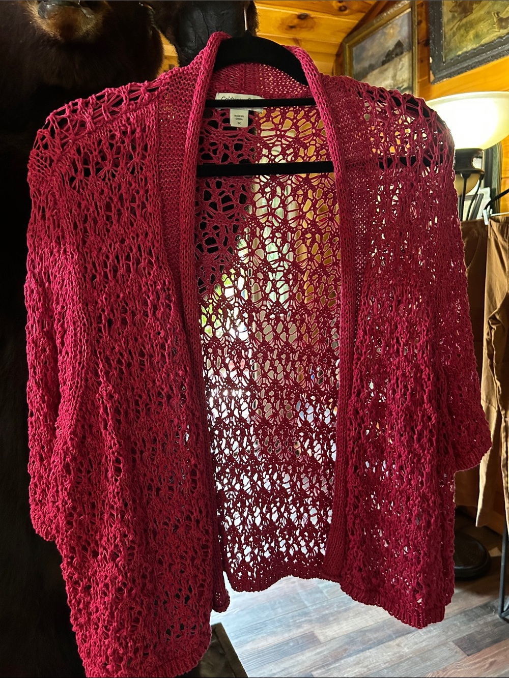 Coldwater Creek Open-Front Crochet Cardigan in Berry